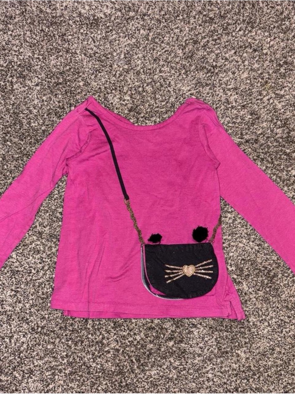 Pink Y2K long sleeve top with black cat faux purse detail